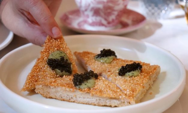 scampi toast with Osietra caviar