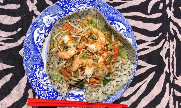 Vietnamese Pork and Prawn Salad in a Black Sesame Cracker Bowl