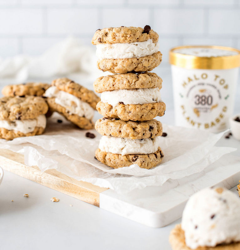 Choc Chip Oatmeal Cookie Ice Cream Sandwiches and Halo Top Cookies & Cream