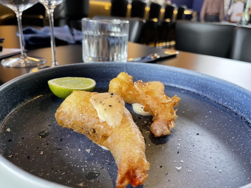 crisp rice tempura king prawns, topped with a slice of pickled Hampton ginger. at Mrytille Bistro. IMAGE Kerry Heaney