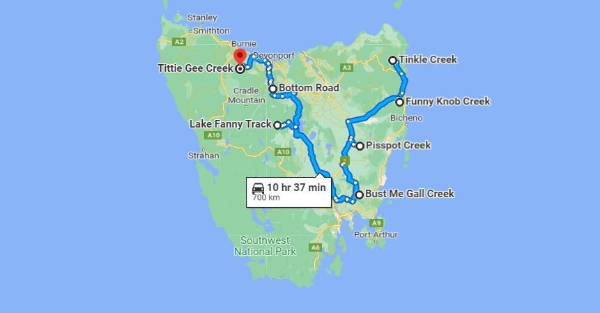 Australia's Rudest Road Trip route in Tasmania