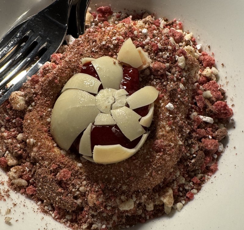 Roasted white chocolate and miso raspberry cocoa crumb at Aloria